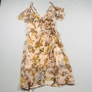 Band of Gypsies Peach Floral Bird Print Cold Shoulder Wrap Dress Small